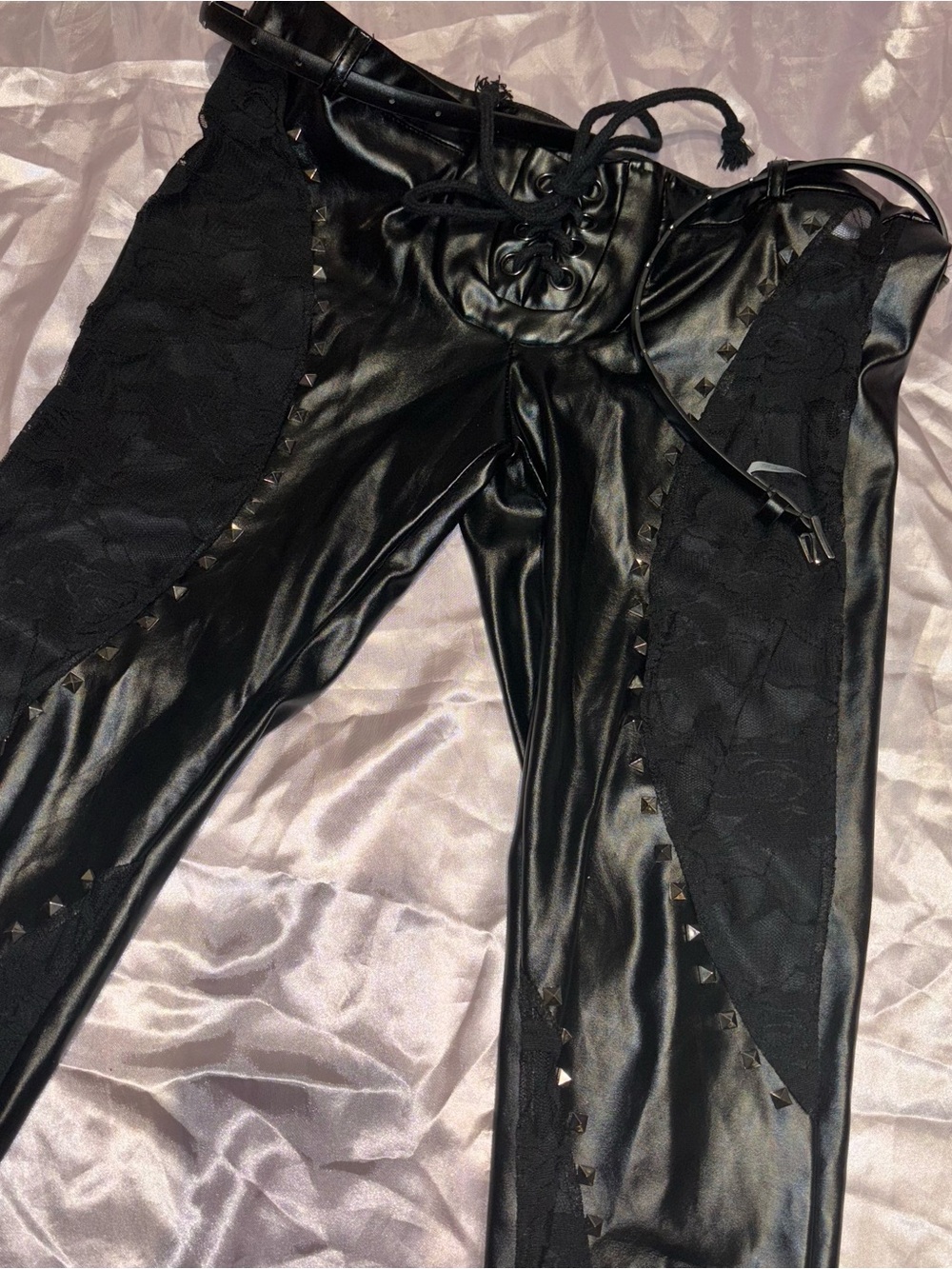 Black Faux Leather Lace-Up Leggings with Studded Trim